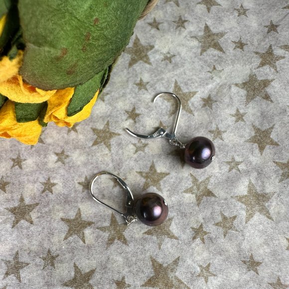 NEW Genuine Dark Pearl on 925 Silver Lever Back Dangling Earrings - Picture 3 of 4